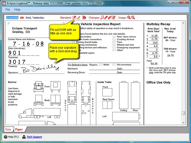 Truck driver daily inspection report page