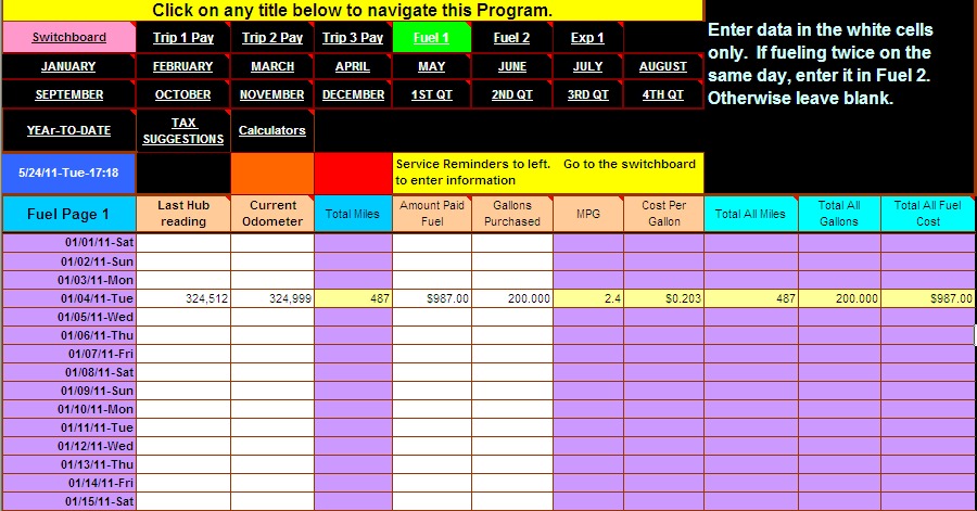 Truck driver accounting software spreadsheet program from Dieselboss, 2020